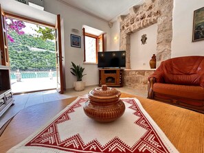 TV, DVD player, books, music library