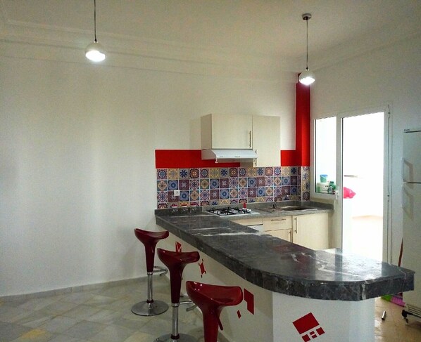 Fridge, oven, stovetop, coffee/tea maker