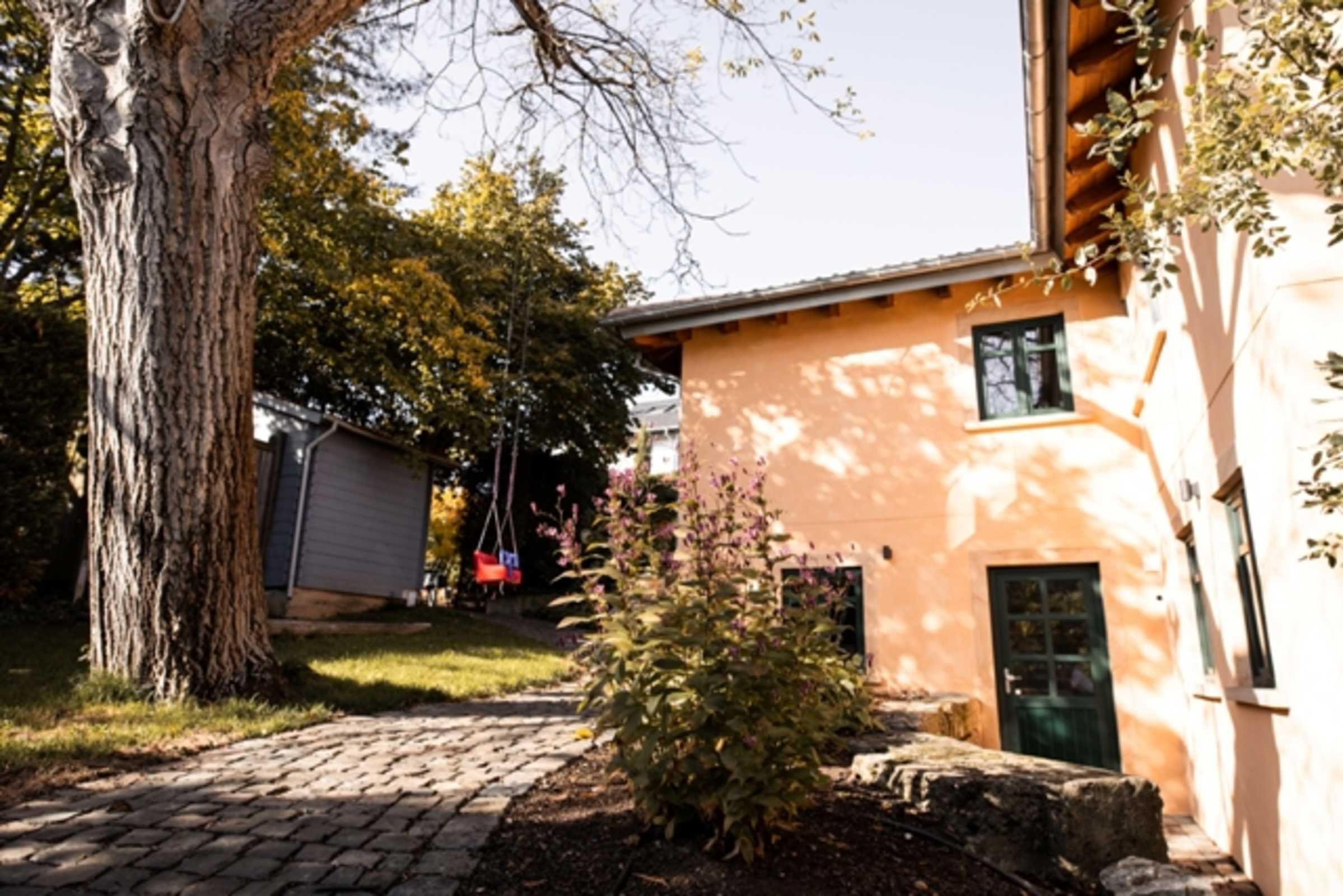 A house with a paved driveway, a tree, and a small garden.
