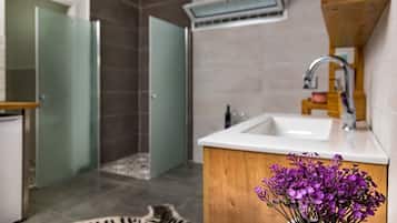 Bathtub, hair dryer, towels, soap