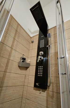 Shower, hair dryer, bidet, towels
