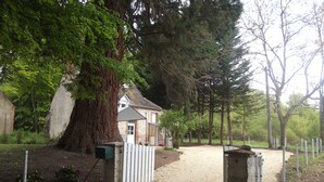 A rustic house with a large tree in front, surrounded by a gravel path and a white fence. - Le Domaine de Jaugy - Hostel (Gievres)
