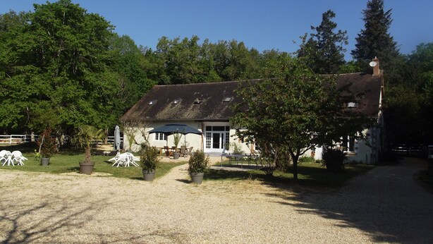 A rustic house with a gravel driveway, surrounded by trees and potted plants. - Le Domaine de Jaugy - Hostel (Gievres)