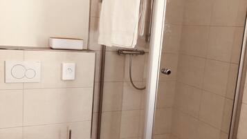 Een moderne badkamer met een douchecabine van glas, een toilet en een wastafel.