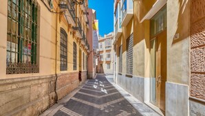 A narrow alleyway with buildings on either side, featuring a herringbone-patterned brick pavement. - Hanna - Holiday rental Malaga City (Málaga)