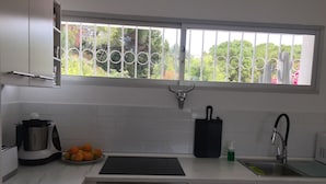 Una cucina moderna con lavello, piano cottura, un bancone e una finestra vista su del verde.