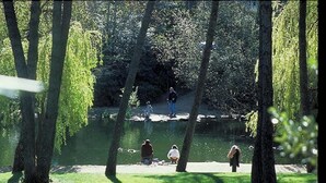 Un parque con un estanque, árboles y personas caminando y sentadas.
