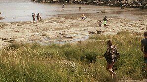 A rocky beach with people walking and playing. - THE HOUSE OF THE RIVER WITH GREAT WATERS #CITQ 299191 (Saint-Laurent-de-l'Île-d'Orléans)