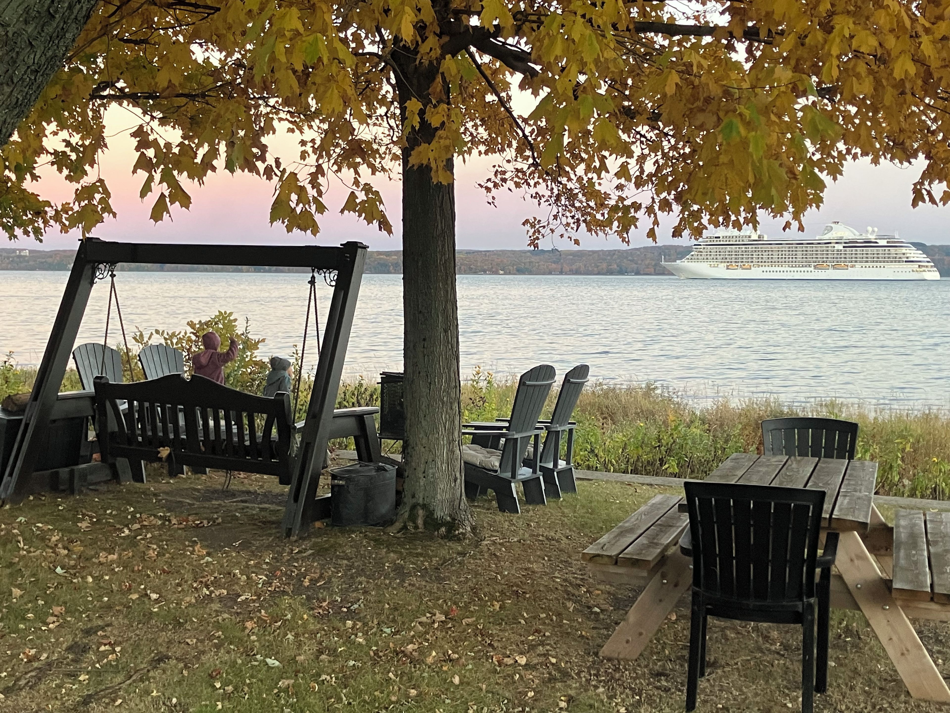 Sitzbereich am Seeufer mit Schaukel, Picknicktisch und Stühlen, mit Blick auf ein Kreuzfahrtschiff.