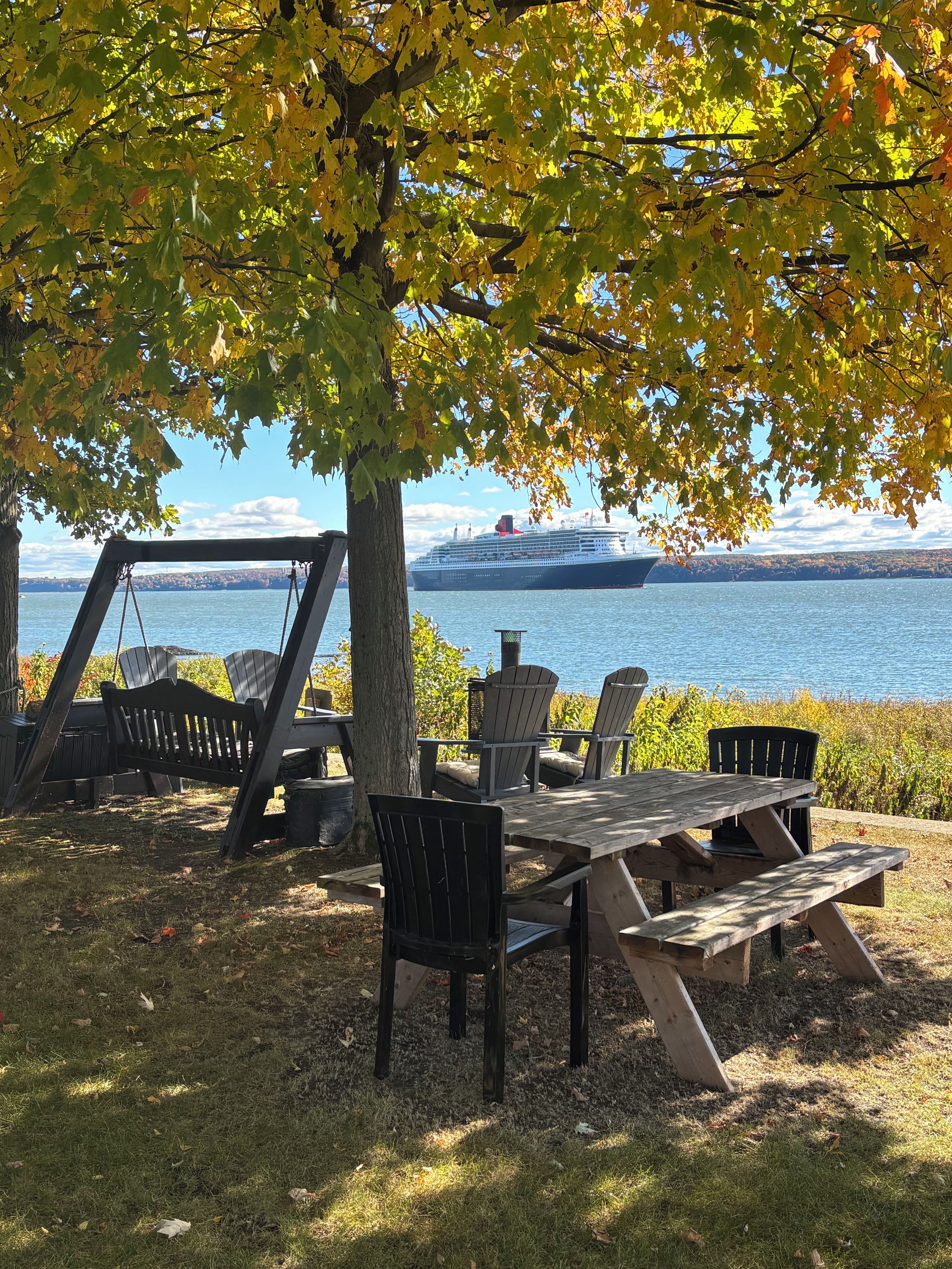 An outdoor seating area with a view of a large body of water and a cruise ship in the distance.