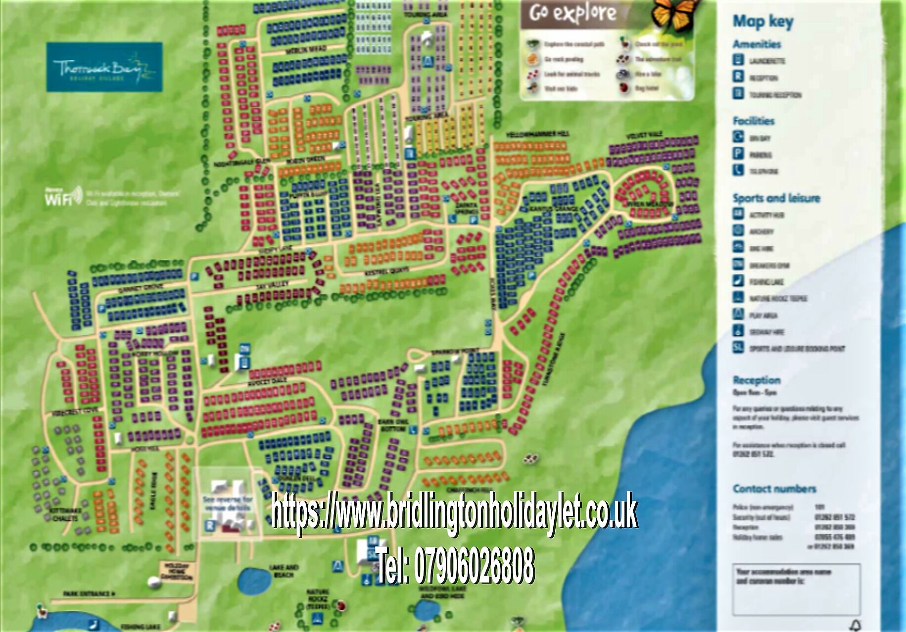 A colorful map of a holiday resort with various amenities and facilities marked.