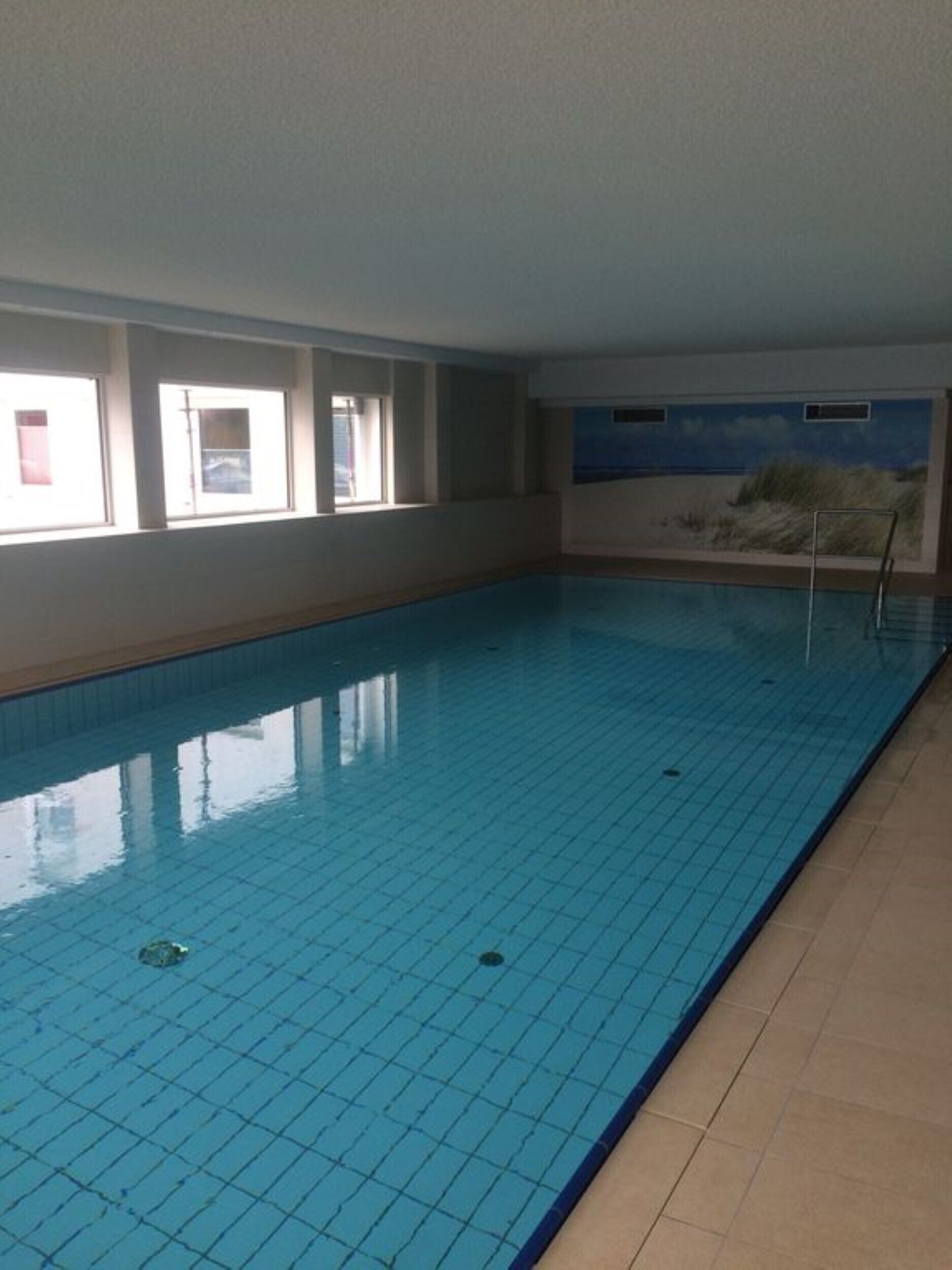 An indoor swimming pool with clear blue tiles, a tiled floor, and a mural of a beach scene on the wall.