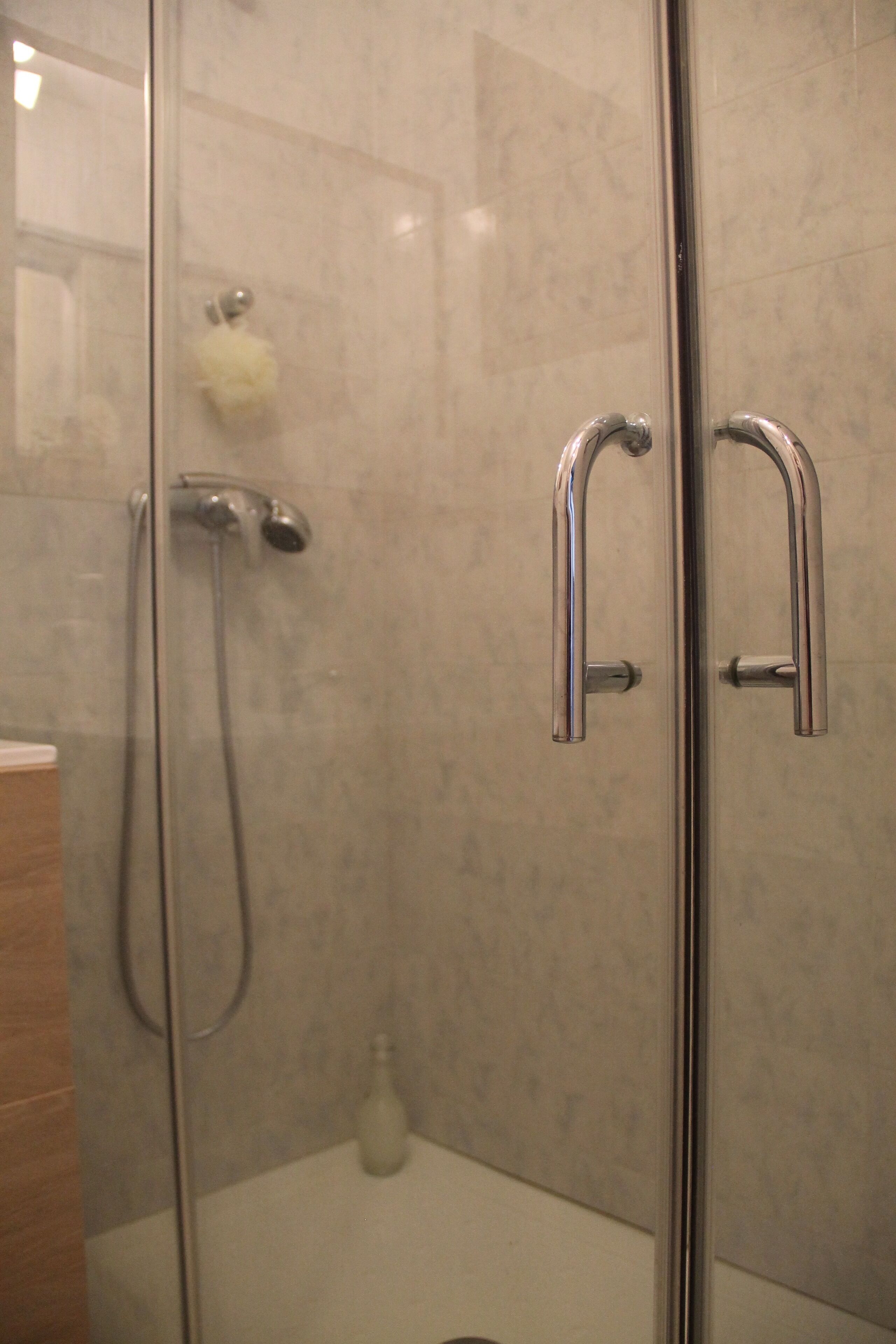 A glass-enclosed shower area with a handheld showerhead and a wall-mounted faucet.