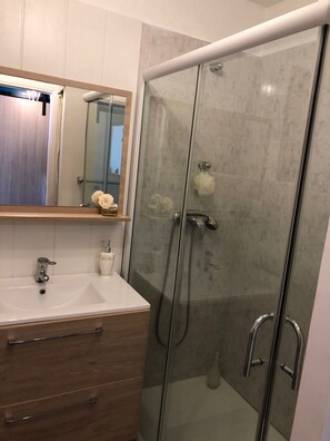 Shower, hair dryer, towels, soap