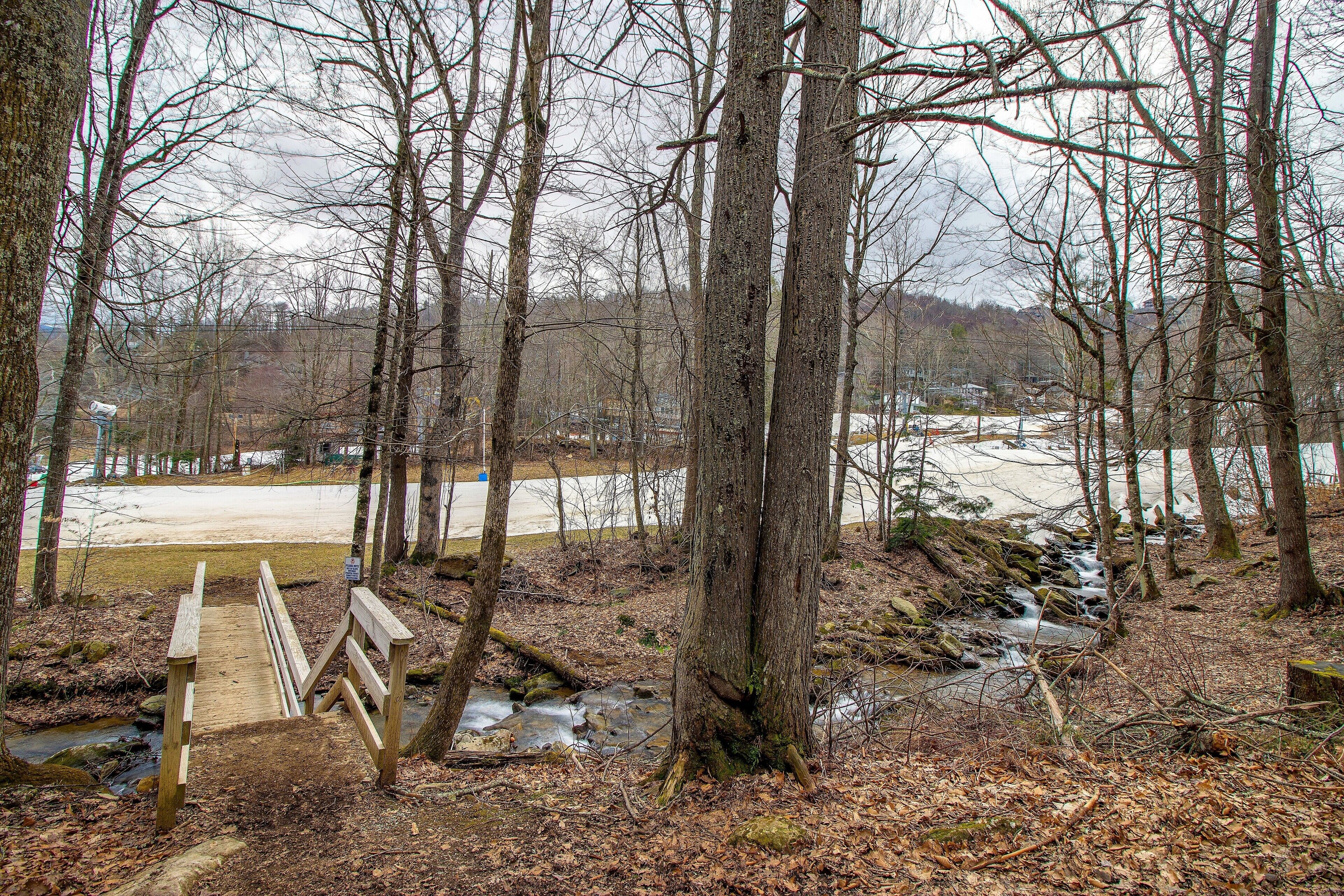 A wooden bridge over a stream in a forested area with a view of a distant road and buildings.