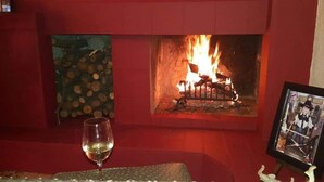 A fireplace with a glass door, a framed picture, and a glass of wine on a table. - Aloe Tree (Krugersdorp)