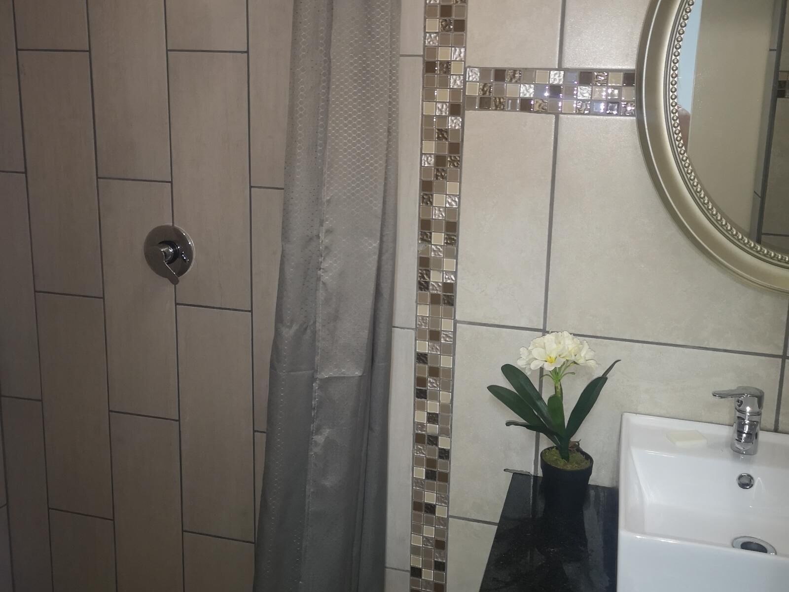 A bathroom with a shower, a sink, and a mirror.