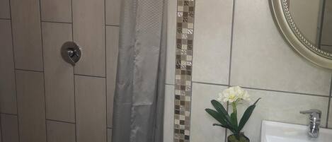 A bathroom with a shower, a sink, and a mirror.