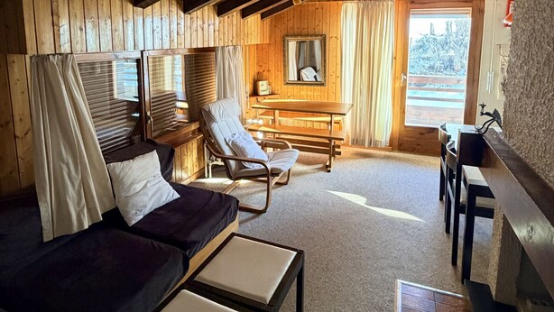 A cozy cabin with a wooden interior, a sofa, a chair, a table, and a fireplace. - Diablerets D 048 - MOUNTAIN apartment 4 pers (Veysonnaz)