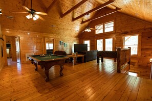 TV, fireplace, DVD player, foosball
