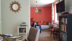 TV, DVD player, books, video library