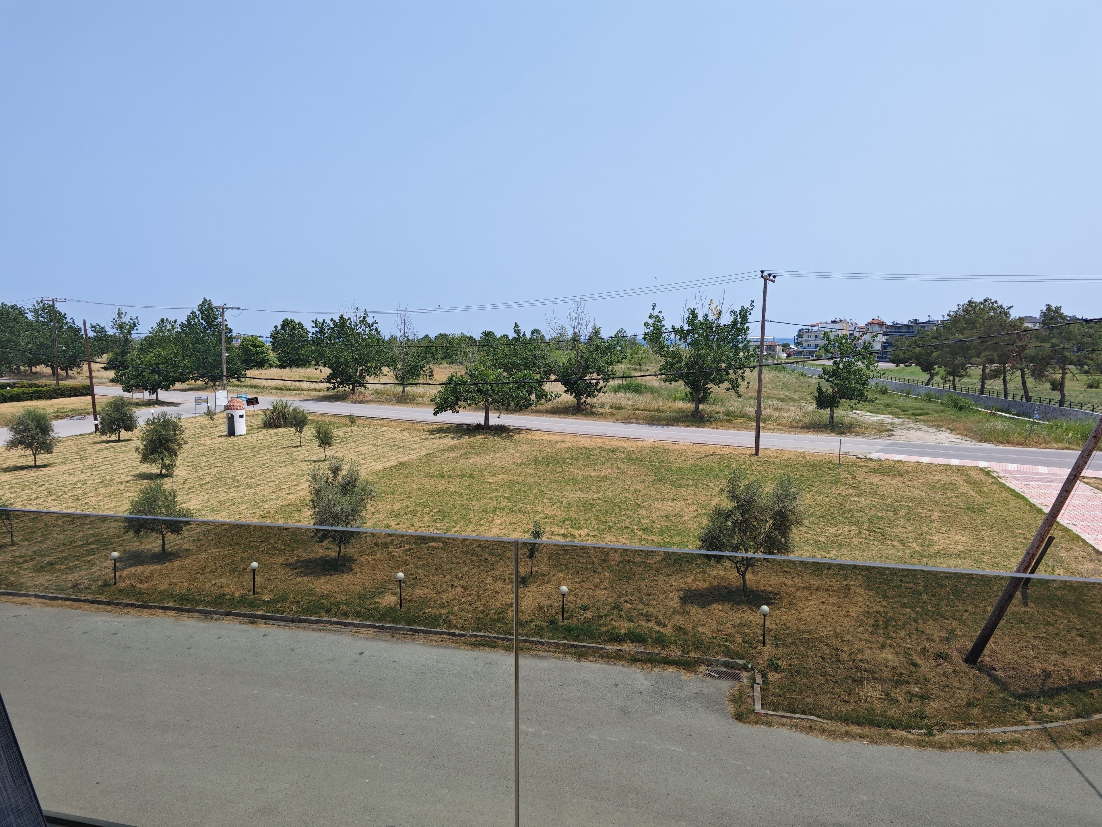 A view of a grassy area with trees and a paved path.