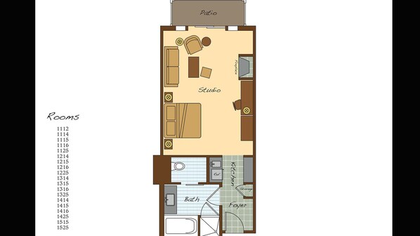 Een plattegrond met een terras, studio en diverse kamers, waaronder een keuken, badkamer en berging.