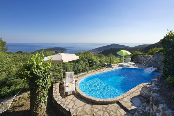 Seasonal outdoor pool, pool umbrellas, pool loungers