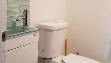 Combined shower/tub, hair dryer, towels, soap