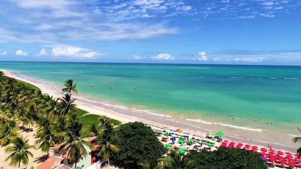 Une plage avec une eau turquoise et limpide, des palmiers et des parasols.