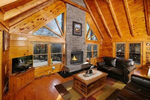 Flat-screen TV, fireplace
