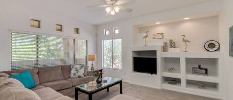 Una televisión, una biblioteca de música