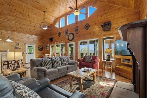 Smart TV, fireplace, books