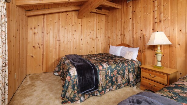 A wooden-paneled bedroom with two beds, a nightstand, and a lamp.