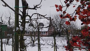 Un paysage enneigé, avec des arbres sans feuilles et un bâtiment en arrière-plan.