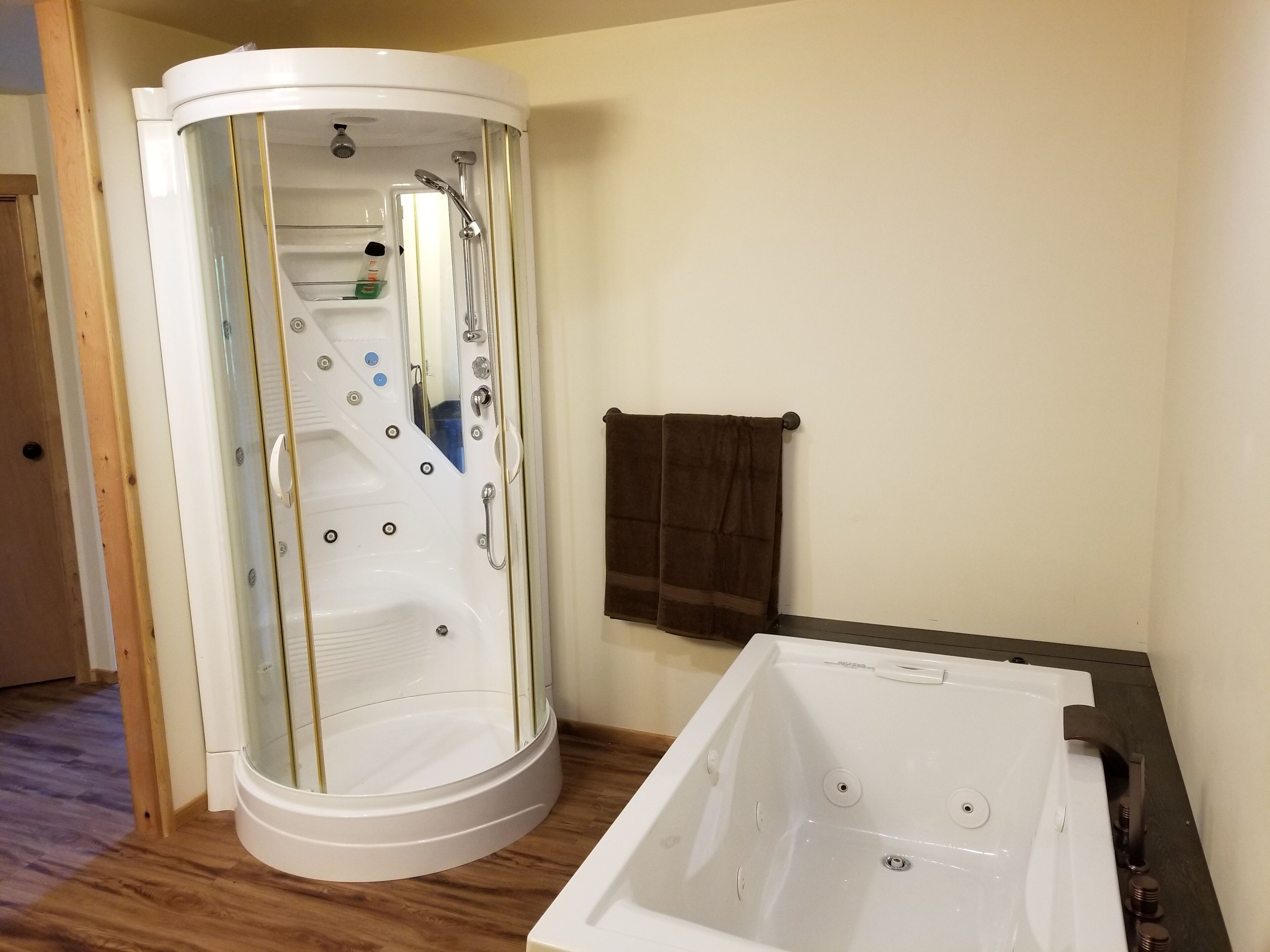 Hair dryer, towels, soap, shampoo