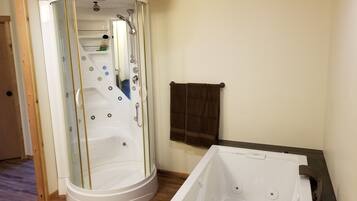Hair dryer, towels, soap, shampoo