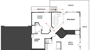Een plattegrond van een hotel, met een Eagle Room, Entry Room, Laundry Room en een Orca Room.