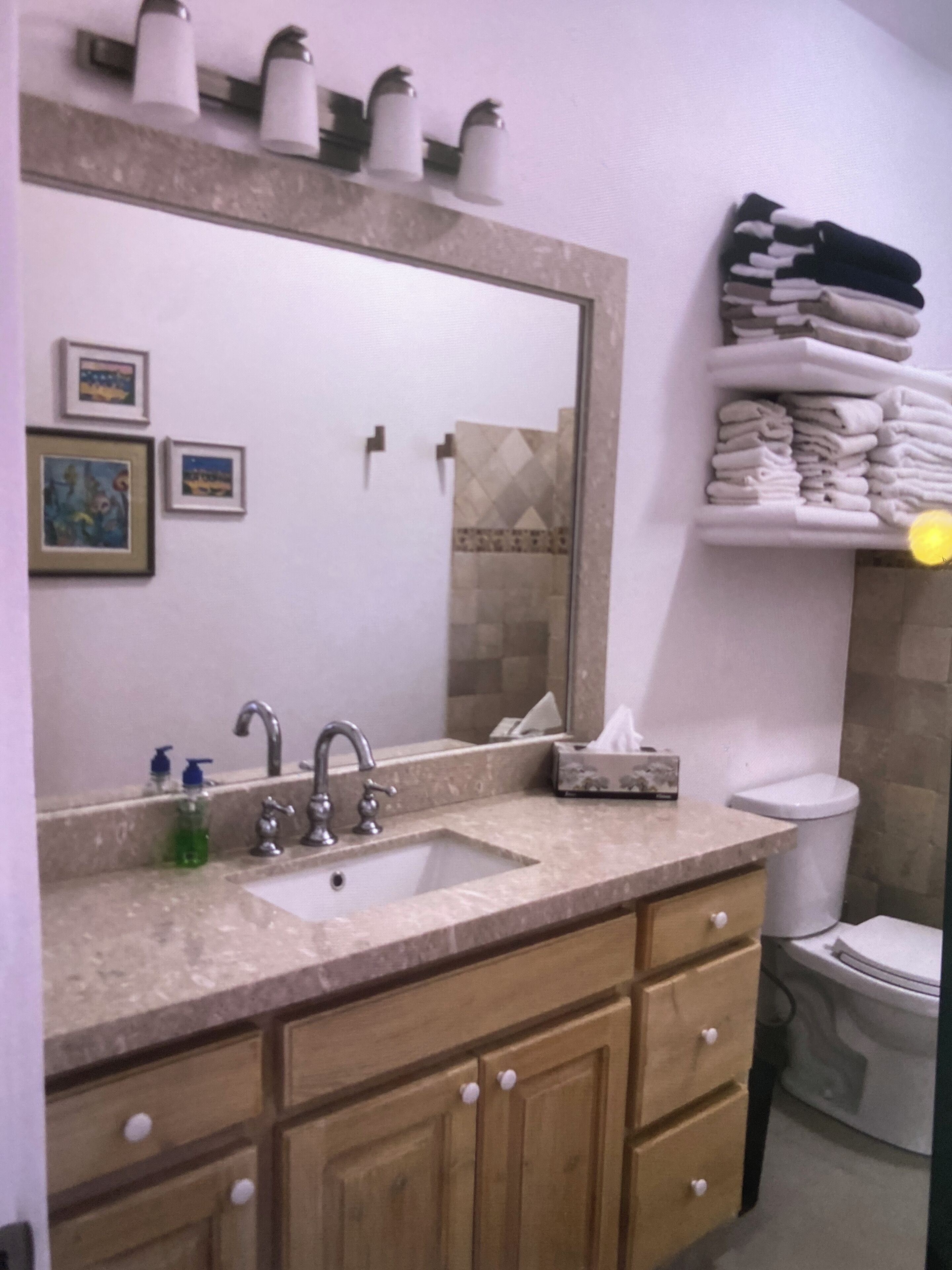 Hair dryer, towels, soap, toilet paper