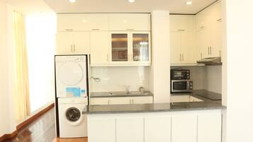 Fridge, microwave, oven, electric kettle