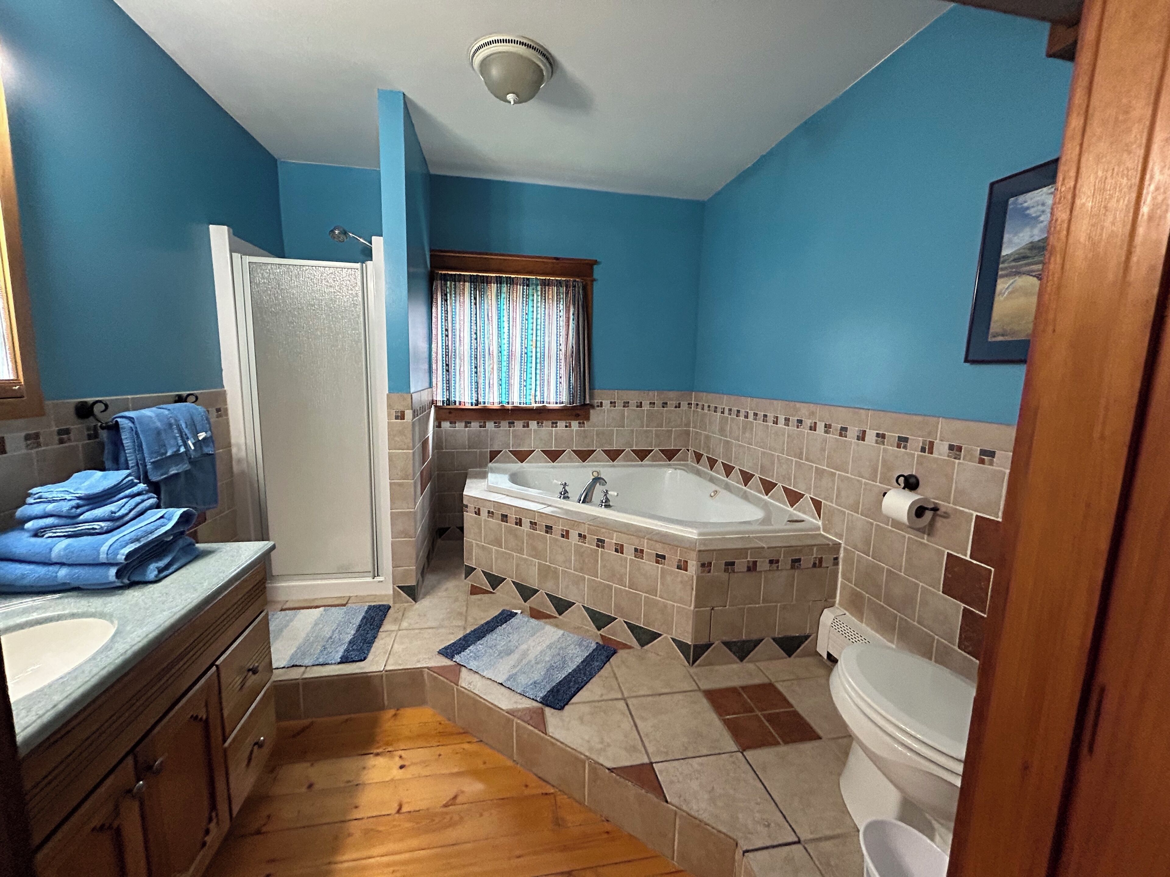 Un bagno con vasca, toilette e lavandino. Si vede una tenda da doccia, una finestra con tende e un portasciugamani con asciugamani.