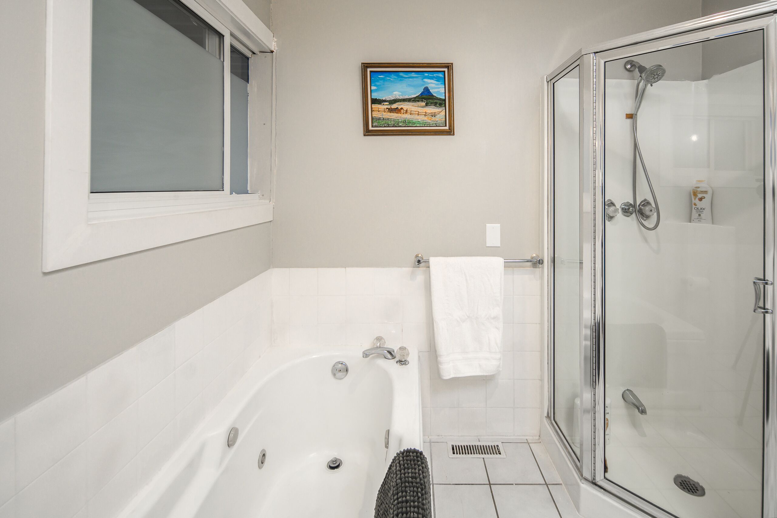 Une salle de bain avec une baignoire, une douche à l’italienne et une fenêtre.
