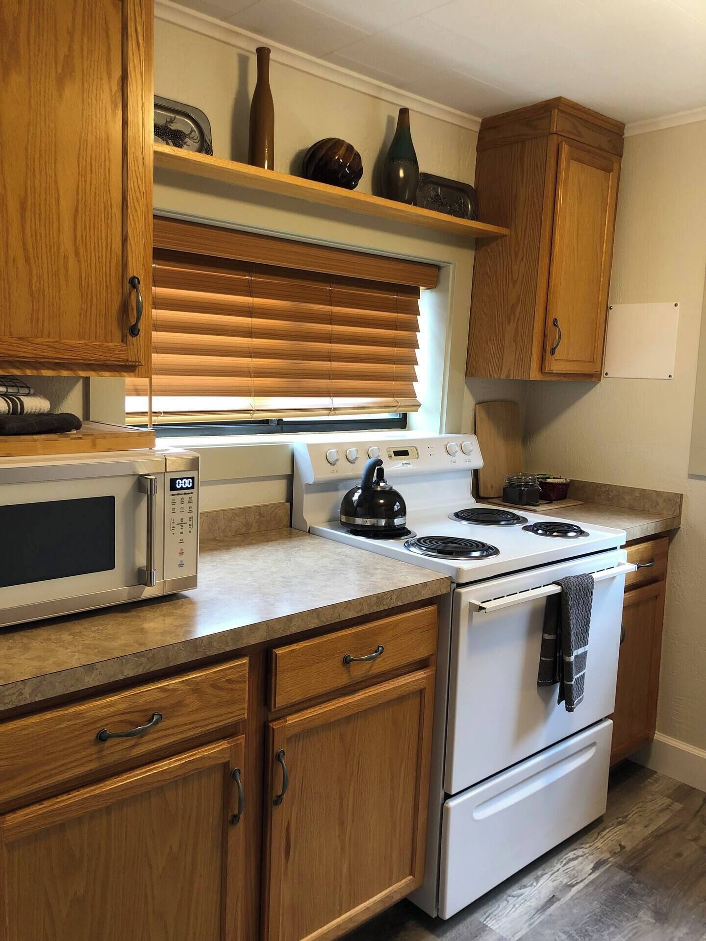 Fridge, microwave, oven, coffee/tea maker