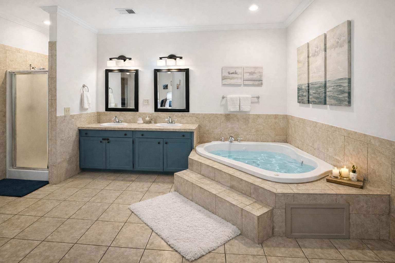 Shower, hair dryer, towels, shampoo