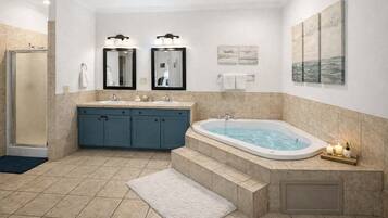 Shower, hair dryer, towels, shampoo