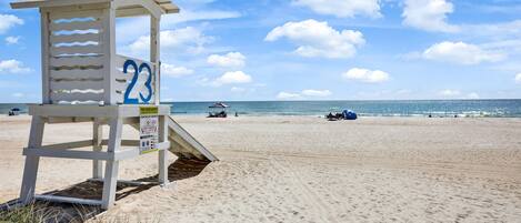 On the beach, sun loungers