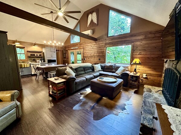 Smart TV, fireplace, books