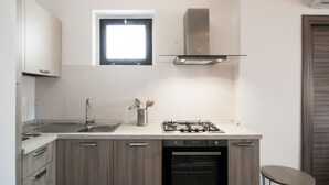 Een moderne keuken met een gasfornuis, oven en een inbouwvaatwasser.