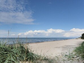 A beach with sand, grass, and a clear sky.