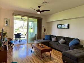 Smart TV, books, video library, stereo